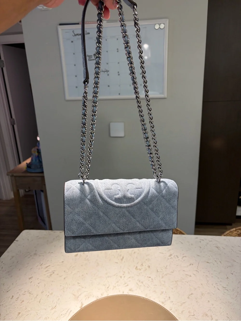 Tory Burch Light blue denim Quilted Shoulder Bag with Silver Chain